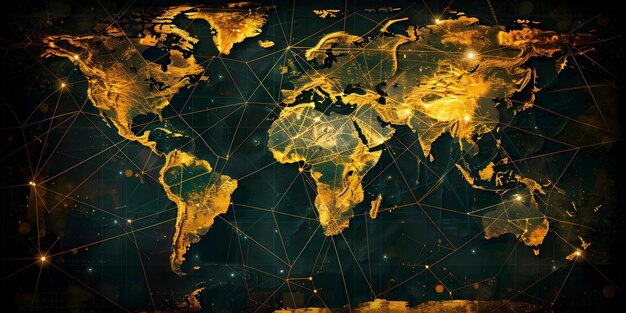 Mappa del mondo nero e oro con connessioni stilizzate per strategie globali