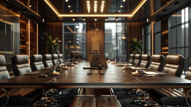 Sala riunioni executive elegante con illuminazione calda e arredi premium